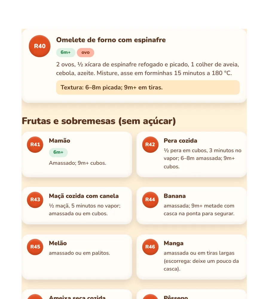 Página de receitas com as três texturas